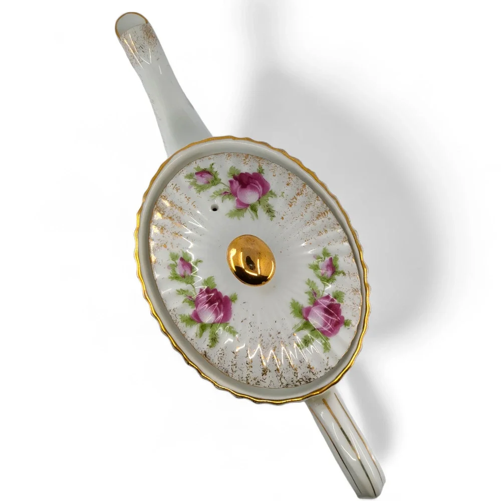 Bountiful Roses Teapot Lefton China K2275‎ Hand Painted Oval with Ribbed Pattern